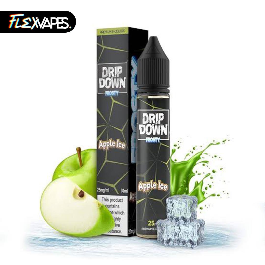 FlexVapes Drip Down Apple Ice e-liquid product ad with green apple and ice cubes
